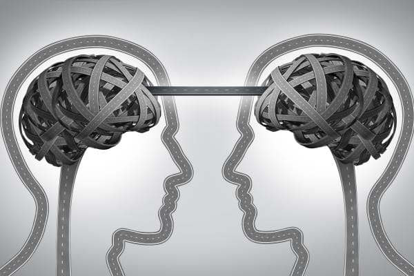 two heads facing eachother with brains connected by a road way depicting emotional intelligence