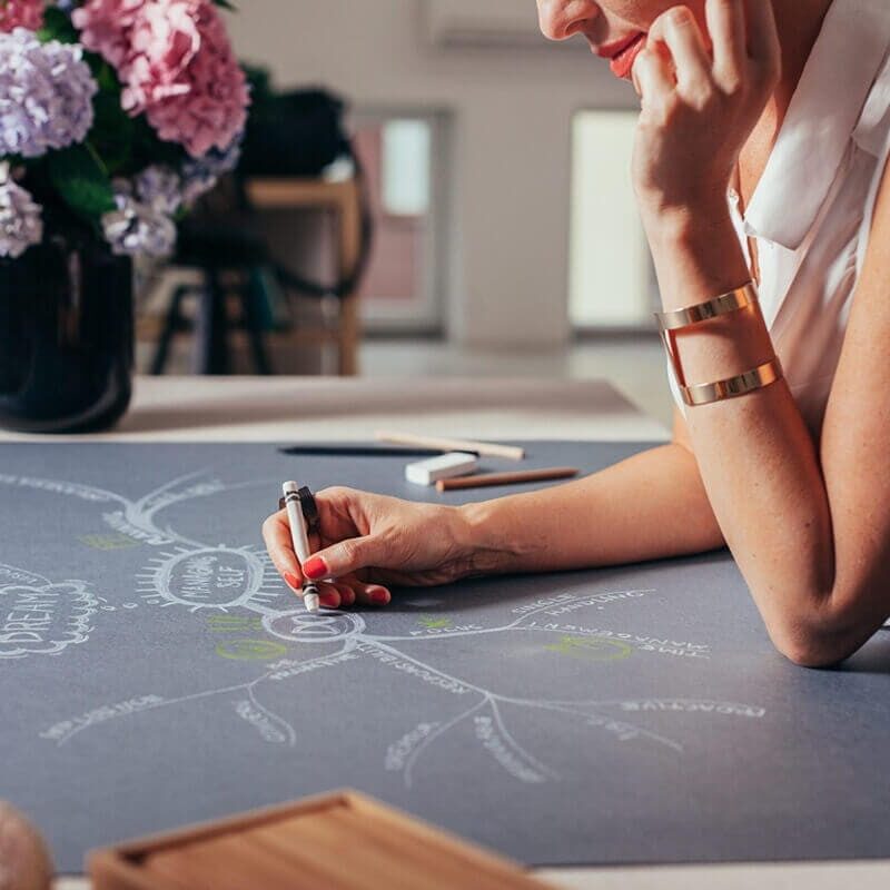 A student coach mapping out a strategic plan or process on a large chalkboard, exemplifying the analytical and creative aspects of coaching education.
